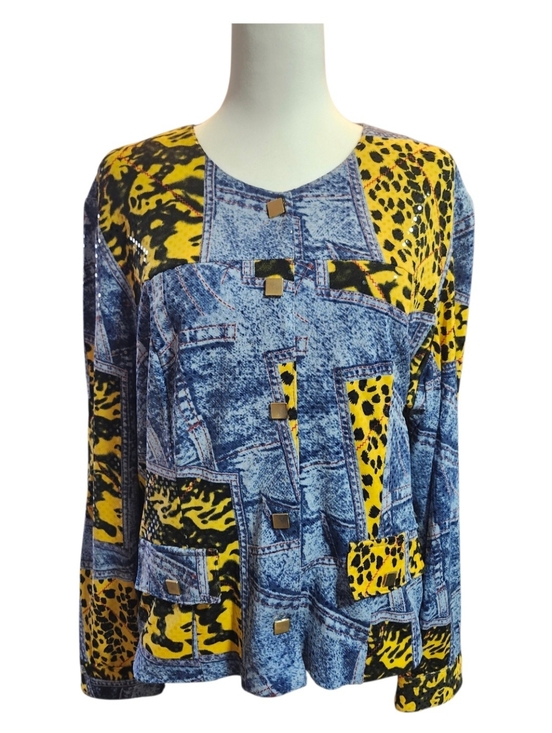 Joseph Ribkoff Tops - Joseph Ribkoff Bold Yellow Leopard & Denim Print Snap Button Top